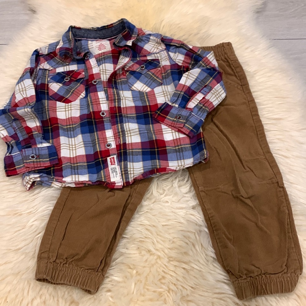 Levi’s Striped Button-Down Red Tab Shirt and Brown Corduroy Pants in size 2T
